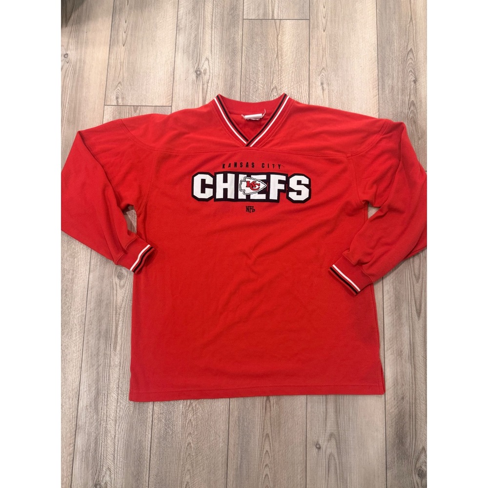NFL Kansas City Chiefs Red Long Sleeve Mesh Jersey Shirt V-Neck Mens XL